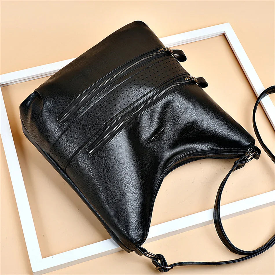 Aaliyah - Double Zipper Leather Shoulder Bag