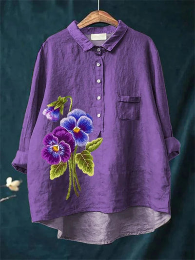 Flora™ - Vintage Colorful Floral Art Print Cotton Linnen Shirt