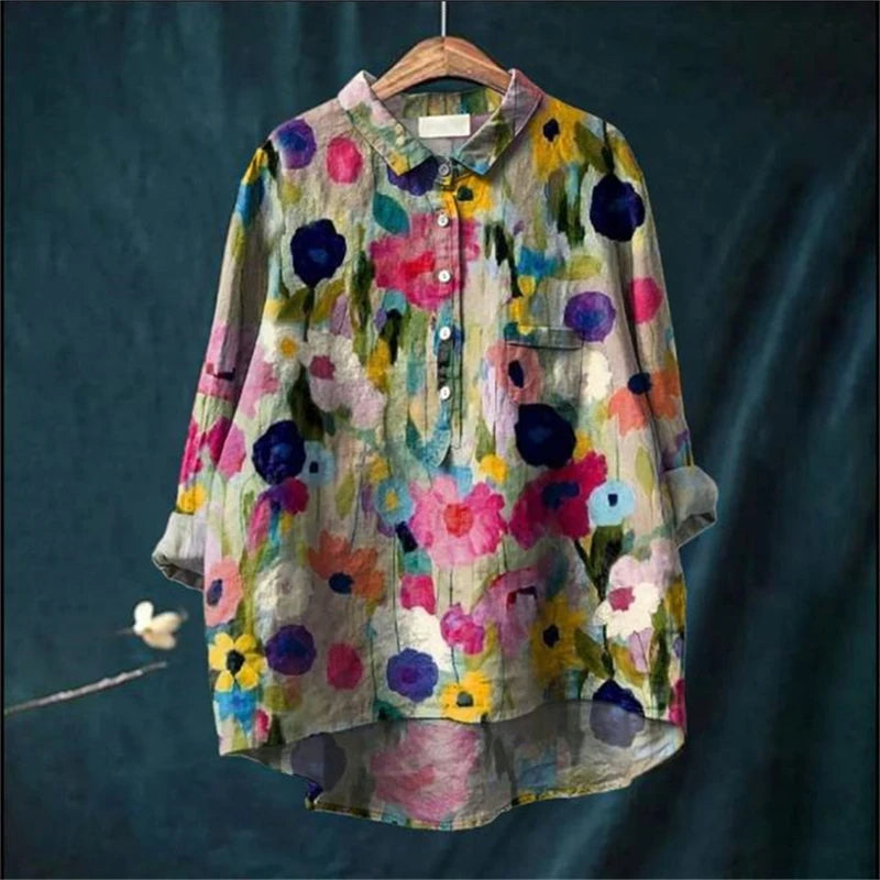 Flora™ - Vintage Colorful Floral Art Print Cotton Linnen Shirt