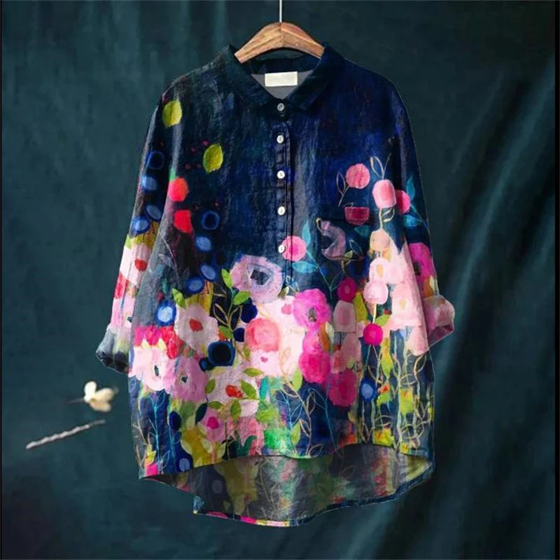 Flora™ - Vintage Colorful Floral Art Print Cotton Linnen Shirt